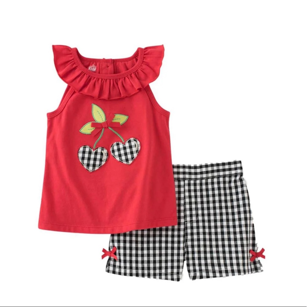 cherry ruffle tank + gingham mock skirt shorts set